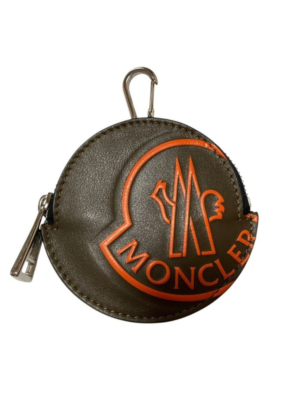 Moncler Logo Print Leather Neck Strap Round Coin Purse Pouch Khaki Orange